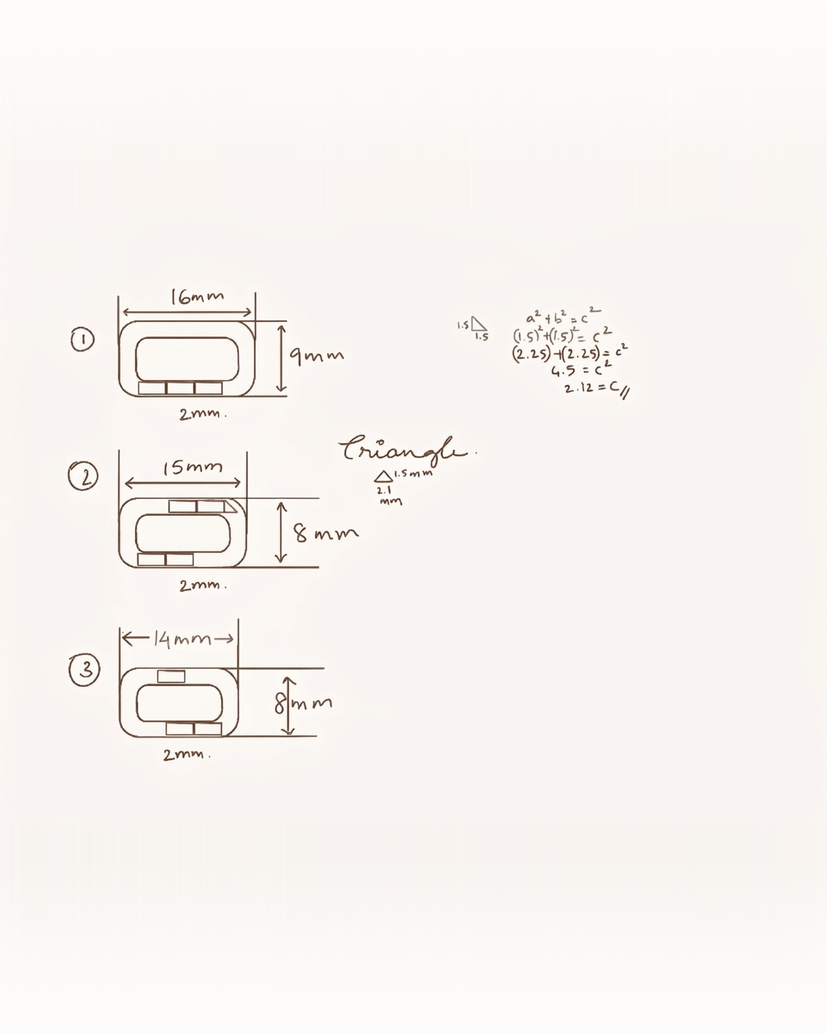 Technical sketches of rectangular jewellery links with handwritten dimensions