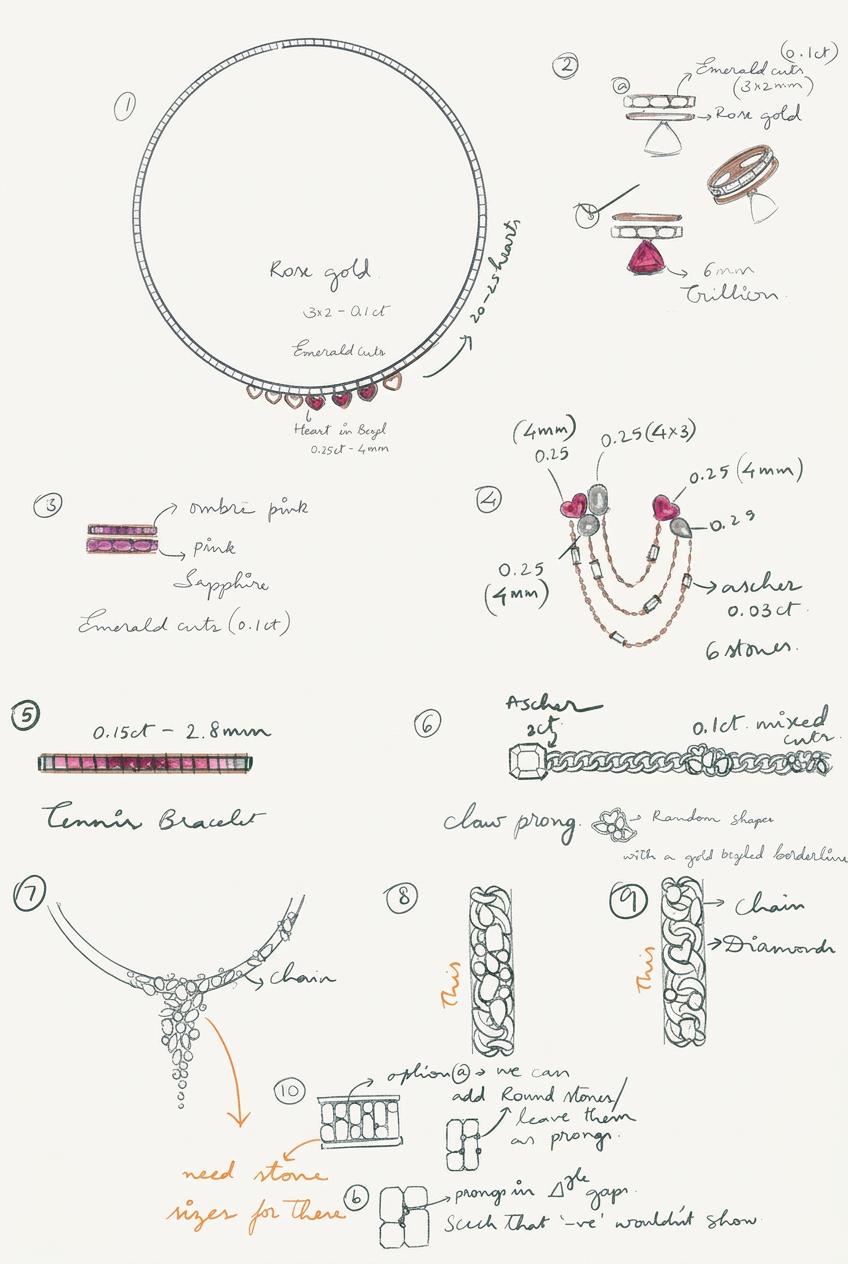 Original jewellery sketches with necklaces, bracelets, rings and gemstone-setting notes
