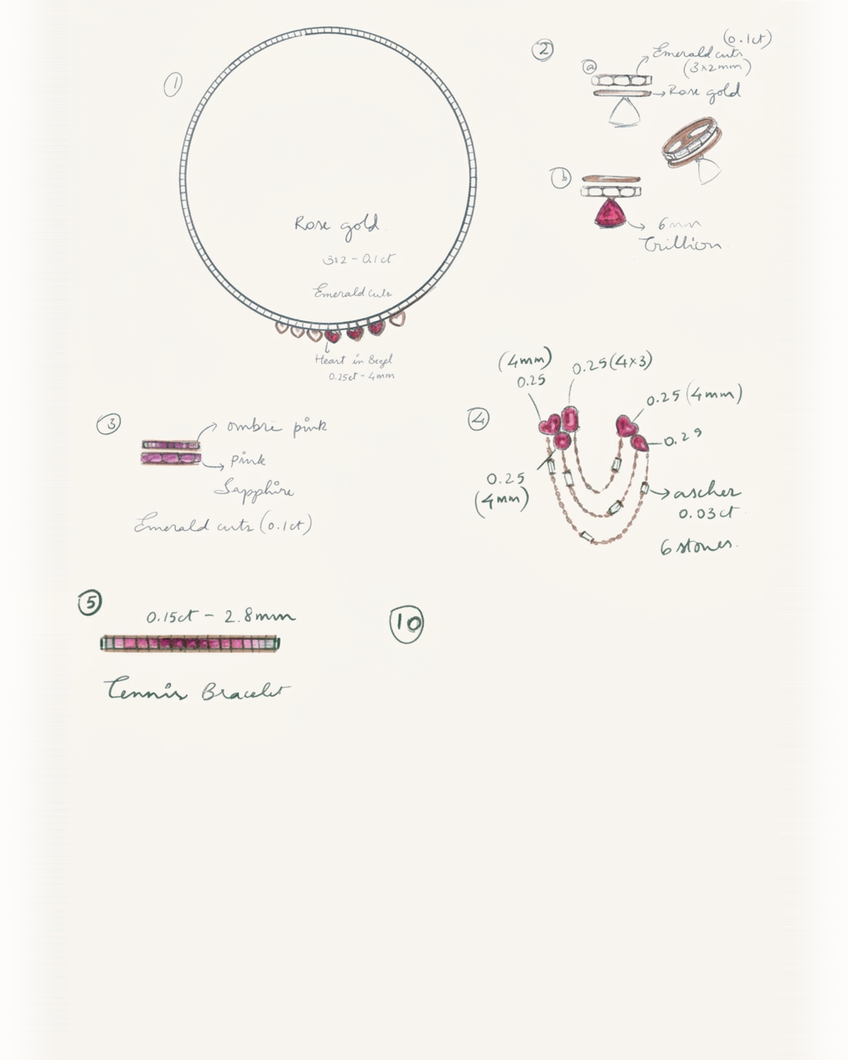Colour studies for necklaces, gemstone rings, earrings and a tennis bracelet